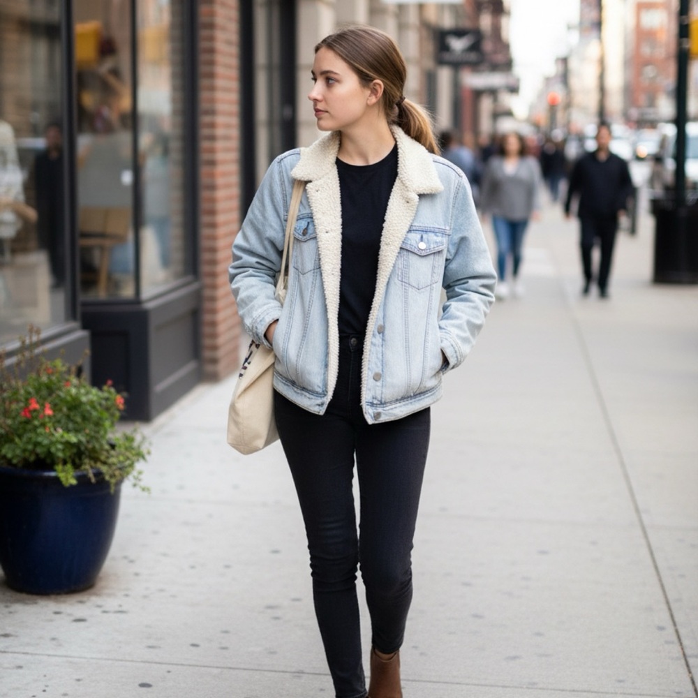 Women's Light Blue Denim Jacket with Sherpa Lining